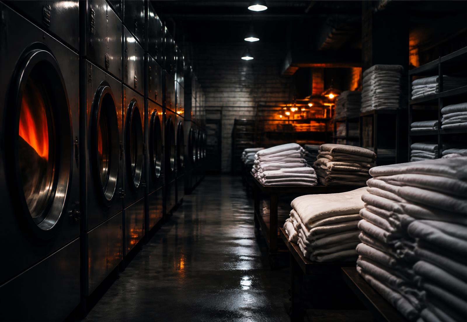 Industrial textile restoration plant with rows of commercial washers and stacks of restored linens